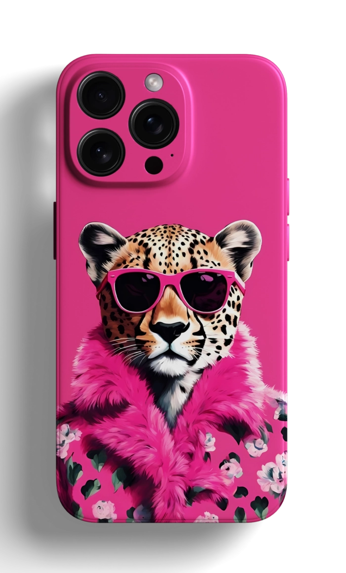 Coque iPhone Rose avec un Léopard portant des Lunettes de Soleil – Image 1