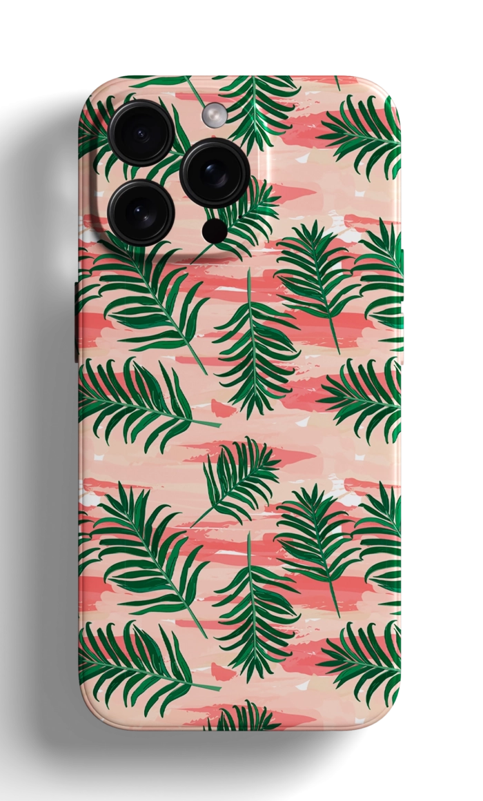 Coque iPhone avec un Motif de Feuilles de Palmiers sur Fond Rose – Image 1