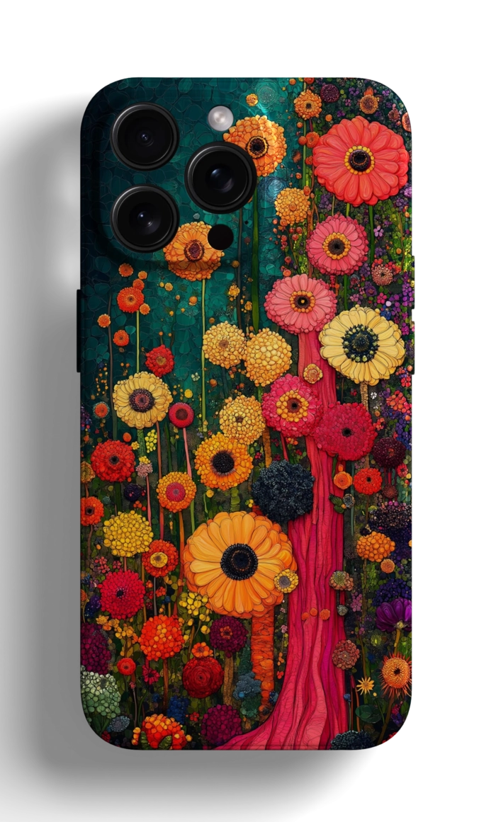 Coque iPhone - Design Coloré avec Champ de Fleurs Vibrantes et Arbres Fantastiques – Image 1
