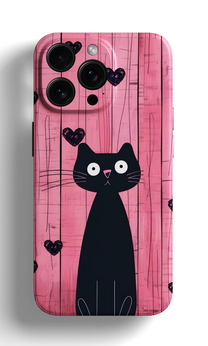 Coque iPhone avec un Chat Noir sur Fond Rose avec des Cœurs – Image 1