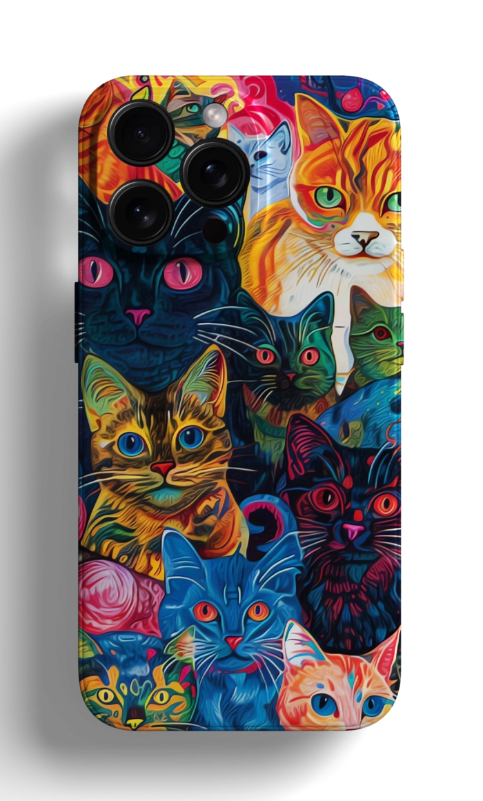 Coque iPhone avec un Motif Coloré de Divers Chats Illustrés – Image 1