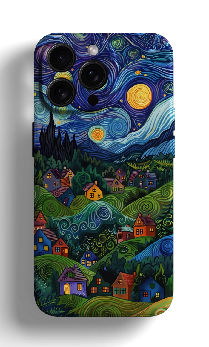 Coque iPhone représentant un Paysage de Villages Colorés sous un Ciel Étoilé – Image 1