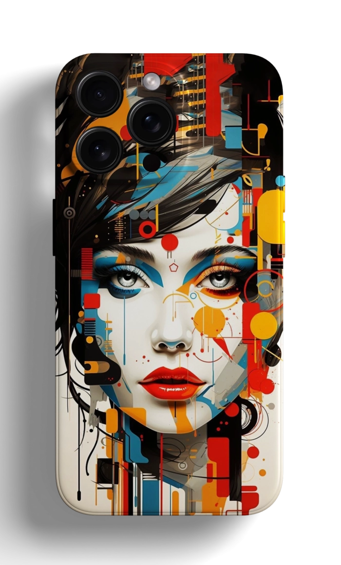 Coque iPhone avec un Portrait de Femme en Style Futuriste et Coloré – Image 1