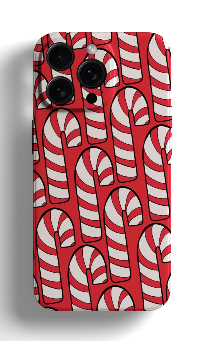 Coque iPhone avec un Motif de Canes en Sucre sur Fond Rouge – Image 1