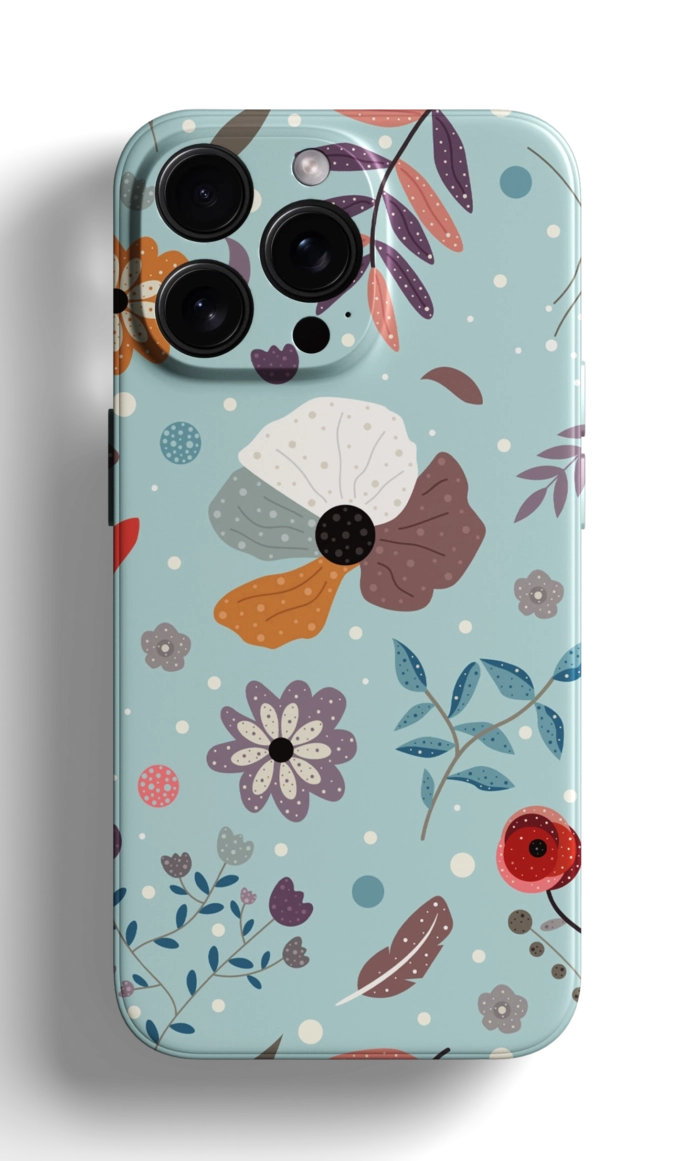 Coque iPhone - Design Ludique avec Fleurs et Feuilles sur Fond Bleu Pâle – Image 1