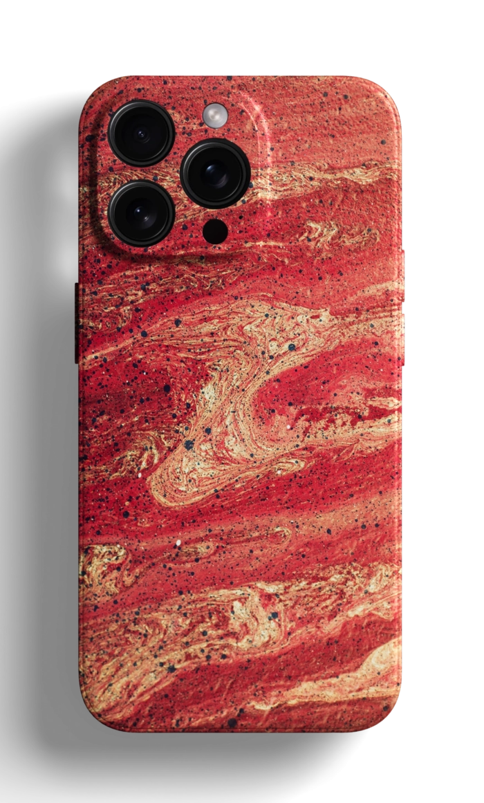Coque iPhone avec un Motif Marbré en Tons de Rouge et Or – Image 1