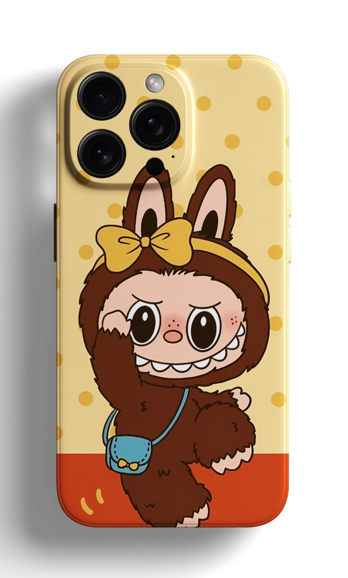 Coque iPhone - Design Jaune à Pois avec Labubu en Costume de Lapin et Accessoires Mignons – Image 1