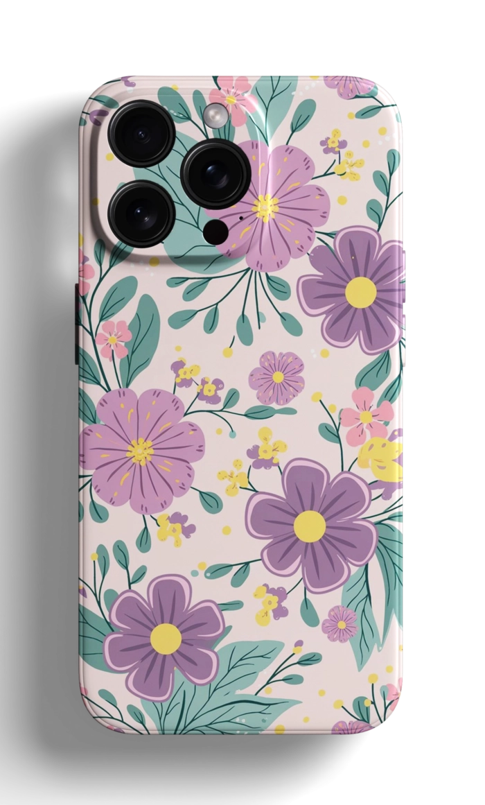 Coque iPhone - Design Doux avec Fleurs Violettes et Jaunes – Image 1