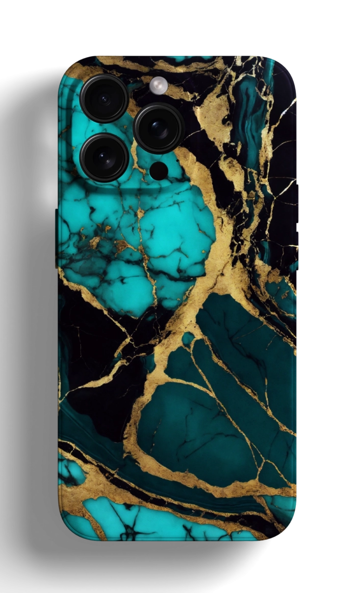Coque iPhone - Design Marbré Noir et Turquoise avec Veines Dorées – Image 1
