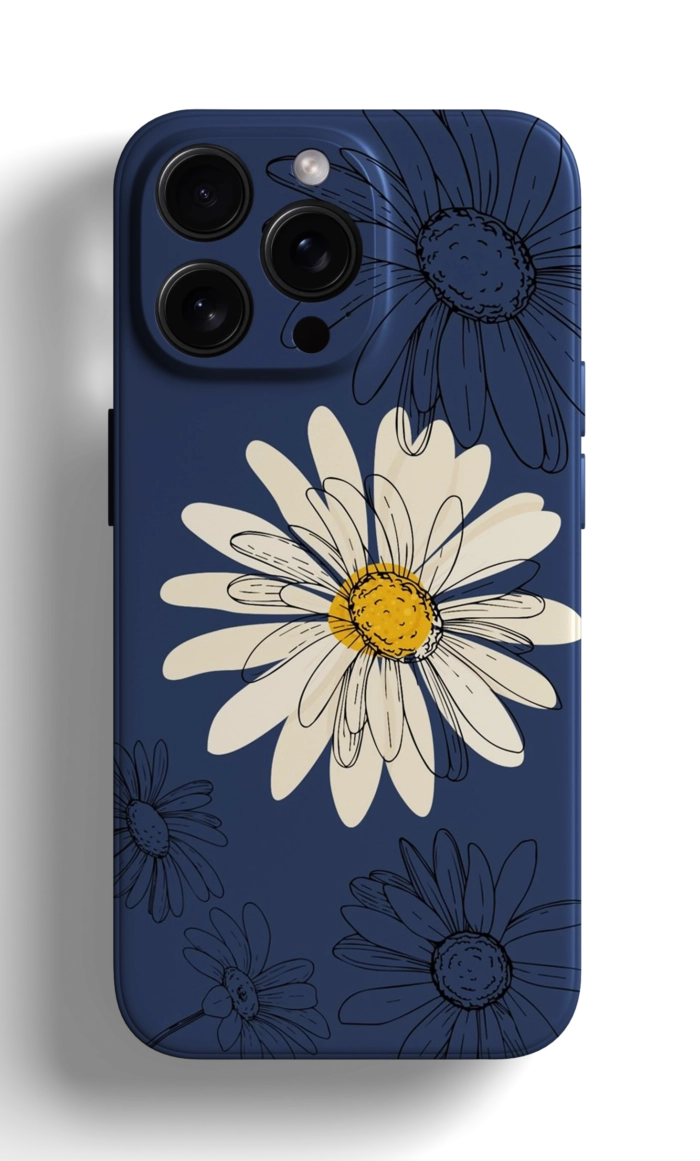Coque iPhone - Design Élégant avec Fleurs de Marguerite sur Fond Bleu – Image 1