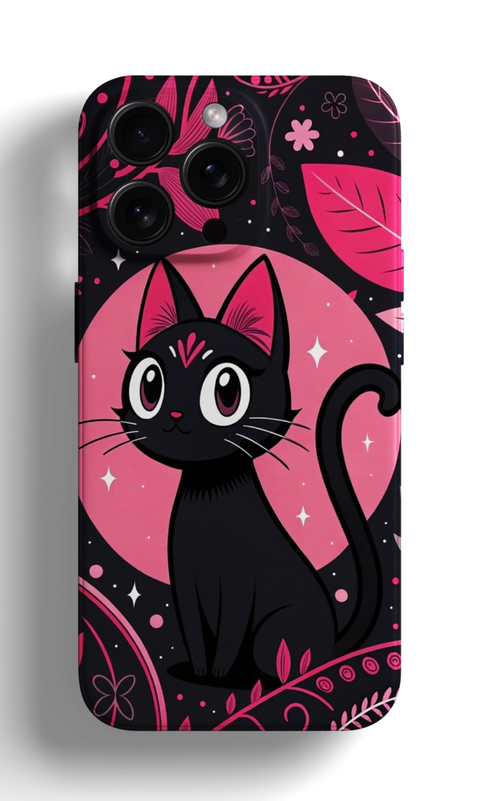 Coque iPhone avec un Chat Noir dans un Décor Floral – Image 1